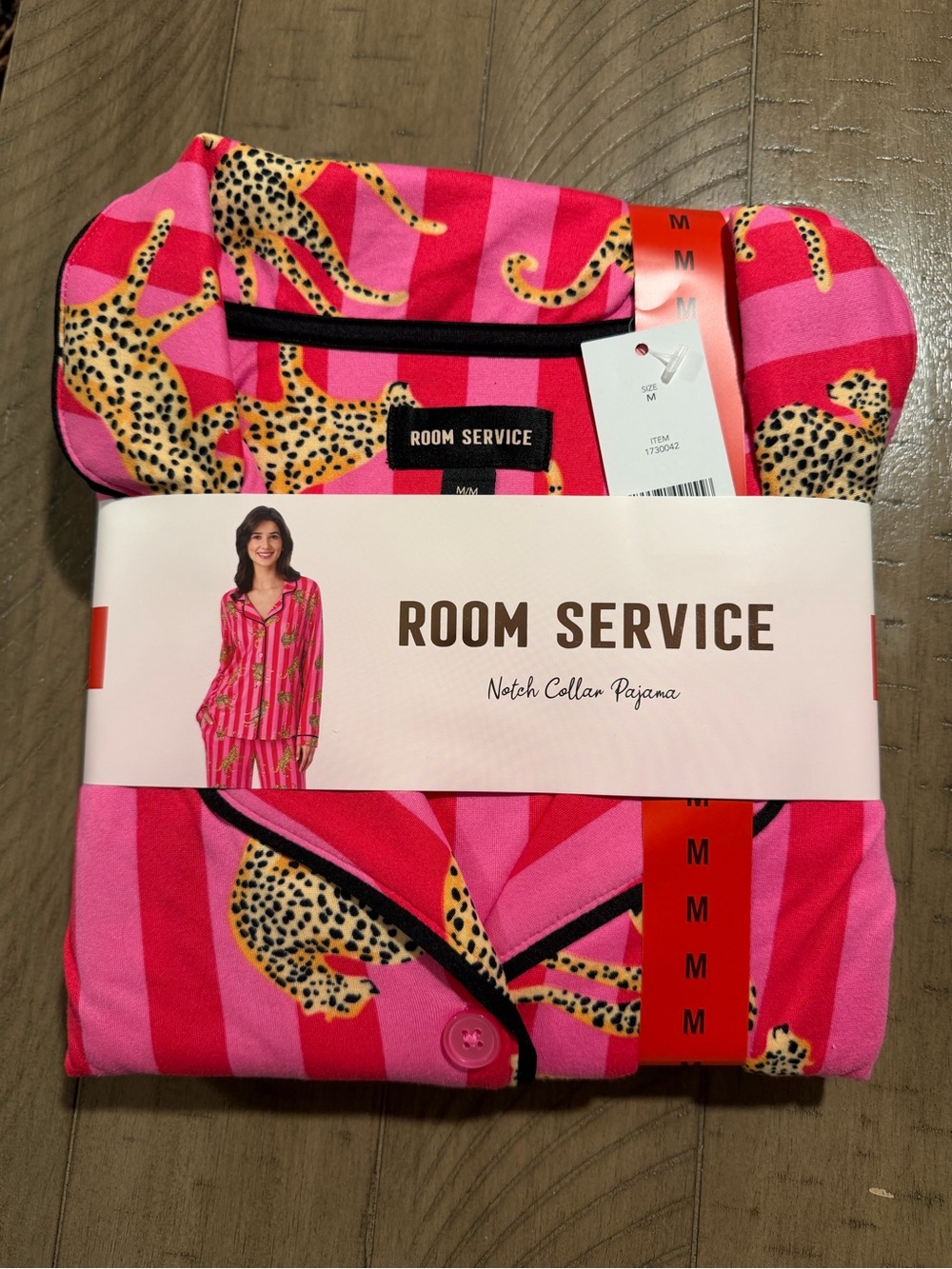 Room Service Pink Leopard Stripe Notch Collar Pajama Set
